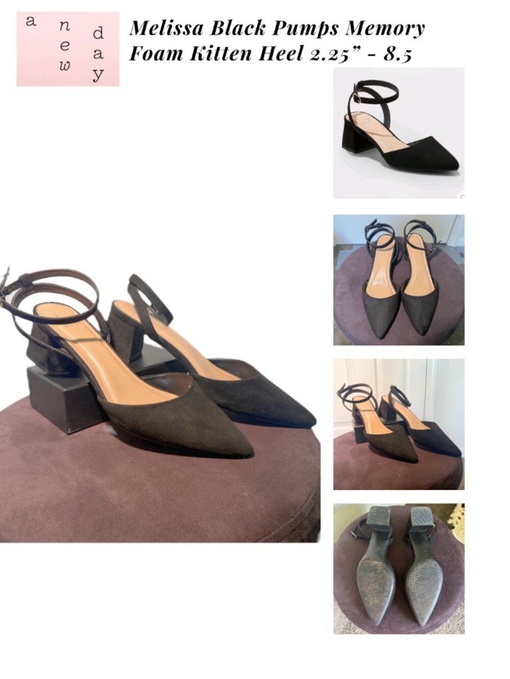 New Day Melissa Black Pumps Memory Foam Low Kitten Heel 2.25” Classic Heels - 8.